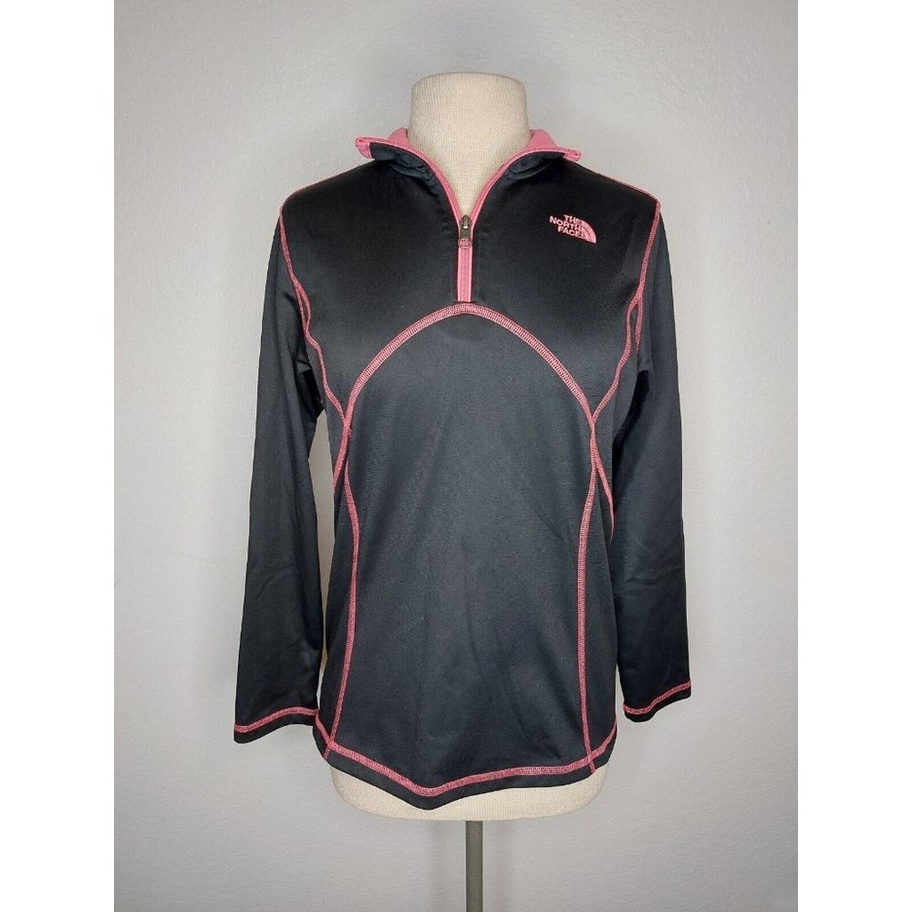 North Face Girls XL 1/4 Zip 100% polyester Classic Pullover Black Pink Stitching
